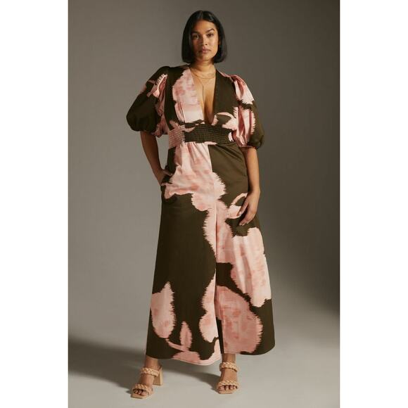 Hutch Pants - Anthropologie Hutch Smocked Puff Sleeves V-Neck Jumpsuit Plunging